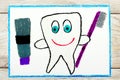 Drawing: smiling healthy tooth holding a toothpaste and a toothbrush Royalty Free Stock Photo