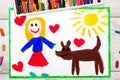 drawing: Smiling little girl and her cute dog