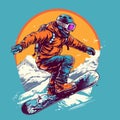 Drawing of a snowboarder riding on the background of mountains and sunset. Royalty Free Stock Photo