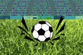Drawing of soccer ball on grass. 3D realistic and comic cartoon style. Vector illustration with stadium and fans