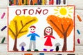 Drawing: Spanish word AUTUMN, smiling couple and trees