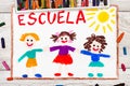 drawing: Spanish word SCHOOL and happy children