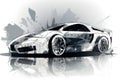 a drawing of a sports car on a white background with a reflection of the car on the floor and the paint splattered on the wall Royalty Free Stock Photo