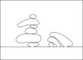 The drawing of standing balanced and fallen unbalanced stones pyramids made in one-line art technique Royalty Free Stock Photo