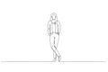 Drawing of standing businesswoman model posing with hands in pockets. Continuous line art