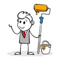 Drawing of stick figure businessman with roller in paint and paint bucket. Stick figure artist looks at his creative work.