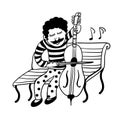 Drawing of a street musician in funny pants in polka dots playing a cello, sketch manually drawn i