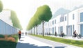 Drawing of street with sustainable urban design featuring eco-friendly elements Royalty Free Stock Photo