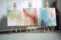 Drawing studio, paintings and easels, studio picture stands, frames and art, studio. Generative AI