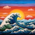 Vibrant Sunset Waves Painting With Moon And Sun Lighting