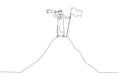Drawing of success arab man hold spyglass stand beside flag on mountain concept of opportunity. Continuous line art