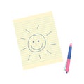 Drawing of sun on a piece of paper and a pen