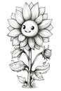 A drawing of a sunflower with a smiley face, coloring book for kids. Royalty Free Stock Photo