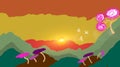 Drawing Of Sunrise View Mountain And Landscape Background, Colorful Mushroom, And Pink Tree