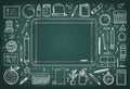 a drawing of a tablet with a green background with a pencil and other school related items Royalty Free Stock Photo