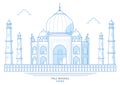 Drawing of the Taj Mahal, stylized, blue, mausoleum in the city of Agra, India