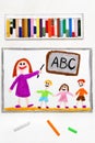 Drawing: teacher and students in the classroom. Teaching children the alphabet