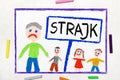 Drawing: Teachers strike in Poland. Polish word STRIKE, teacher and students
