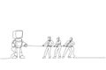 teamwork pulling rope against robot with artificial intelligence. AI technology competition metaphor. Single line art