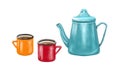 Drawing of a teapot with cups. Metallic blue teapot with red and yellow mugs. Textured drawing, drawn like on canvas Royalty Free Stock Photo