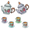 drawing of a teapot and four colorful cups of tea. vector illustration Royalty Free Stock Photo