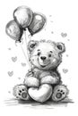 A drawing of a teddy bear holding a bunch of balloons