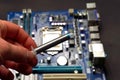 Drawing thermal paste on computer processor. Installing a cooling system on a CPU processor Royalty Free Stock Photo