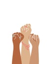 Drawing of three fists. Women`s hands as symbol of power and protest. Flat vector illustration