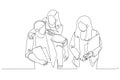 Drawing of three happy students and friends hangout together in an university cafetaria. Continuous line art style