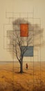 Architectural Grids: A Surrealistic Painting Of A Person And Tree