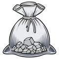 Drawing of a tied sack overflowing with grey rocks spilling onto a surface Royalty Free Stock Photo