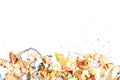 Drawing tools background. Lot of colorful pencils frame with sawdust and shavings on white Royalty Free Stock Photo