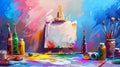 The drawing tools elements of a cartoon colorful modern concept. Painting tools: easel, canvas, paint tubes, brushes Royalty Free Stock Photo