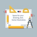 Drawing tools on paper with space for drawings and text. Ruler, Royalty Free Stock Photo