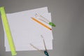 Drawing tools pencil, ruler, compass, white paper, copyspace Royalty Free Stock Photo