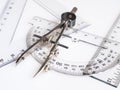 Drawing tools, school supplies. Ruling pen, ruler, triangle, on a white background.