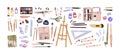 Drawing tools set. Art supplies, materials kit. Artist stationery: pens, brushes, sketchbook, paint bottle, tube, pencil Royalty Free Stock Photo