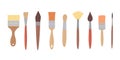 Drawing tools, set paint brushes in row on white isolated background. Artist painting materials. Royalty Free Stock Photo
