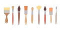 Drawing tools, set paint brushes in row on white isolated background. Artist painting materials.