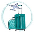 Drawing of a traveler`s suitcases against the background of a flying plane for illustration