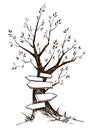 Drawing of a tree with wooden arrow signs, vector illustration Royalty Free Stock Photo