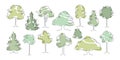 Drawing trees in line art. Hand drawn doodles trees and bushes. Botanical creative painting. Decorative elements Royalty Free Stock Photo