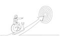 Drawing of tried businesswoman riding snail slow walking on arrow to reach target. Metaphor for slow business progress, laziness