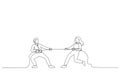 Tug of war. Man and woman are pulling rope. Business competitive metaphor. Single line art style