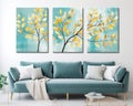 Drawing turquoise golden blue and yellow tree leaves feathers in a light background canvas wall art.
