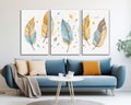 Drawing turquoise golden blue and yellow tree leaves feathers in a light background canvas wall art.