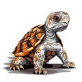 a drawing of a turtle with orange and white stripes on it\'s body and head, sitting on a white surfac