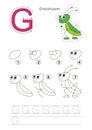 Drawing tutorial. Game for letter G. Cute grasshopper.