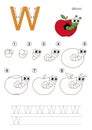 Drawing tutorial. Game for letter W. Apple Worm. Royalty Free Stock Photo