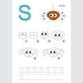 Drawing tutorial. Simple game for letter S. The spider. Royalty Free Stock Photo